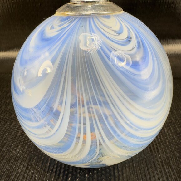 Vintage Pulled Feather Art Glass Oil Lamp Container Orb Blue White Dot Container - Picture 6 of 11